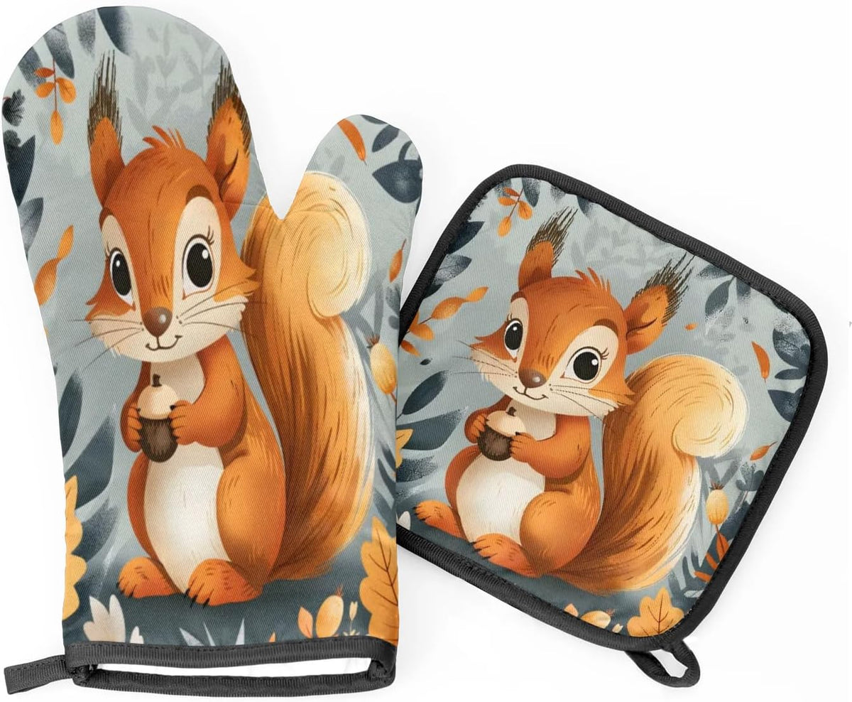 Squirrel Fall Oven Mitts and Pot Holders Sets, 2 Pcs Decorative Kitchen Oven Glove for Cooking