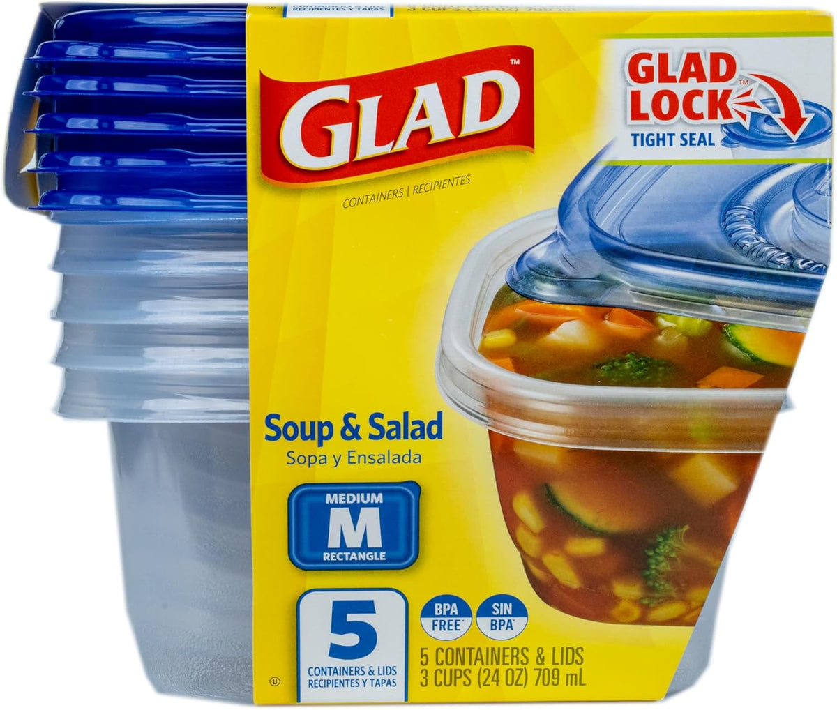 Glad GladWare Soup & Salad Food Storage Containers - Medium Rectangle - Meal Container Holds up to 24 Ounces of Food - Lock Tight Seal, 5 Count