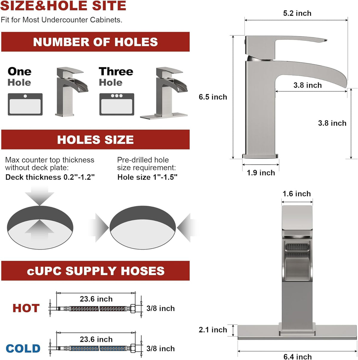 Brushed Nickel Bathroom Faucet Waterfall, Vanity Faucet Brass for Sink 1 Hole Single Handle Modern Mixer Tap with Pop-up Drain Stopper for Lavatory Farmhouse RV