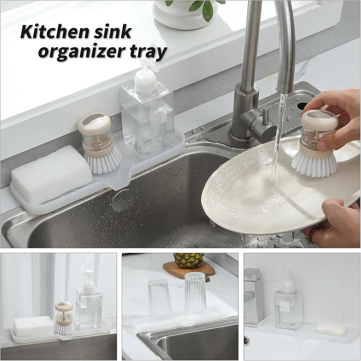 Silicone Bathroom Soap Dishes with Drain Spout-Bathroom and Kitchen Sink Organizer,Sponge Holder,Dish Soap Tray,Perfect for Dispenser,Scrubber,Bottle,Cup on Sink or Counter-Translucent 12"×4"