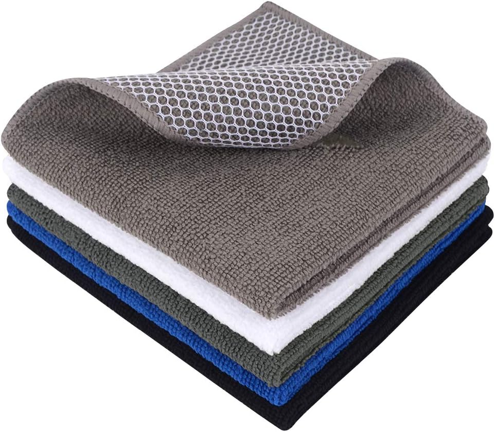 SINLAND Microfiber Dish Cloth for Washing Dishes Best Kitchen Washcloth Cleaning Cloths Poly Scour Side 12inchx12inch 5 Pack (Blue+White+Grey+Brown+Black)