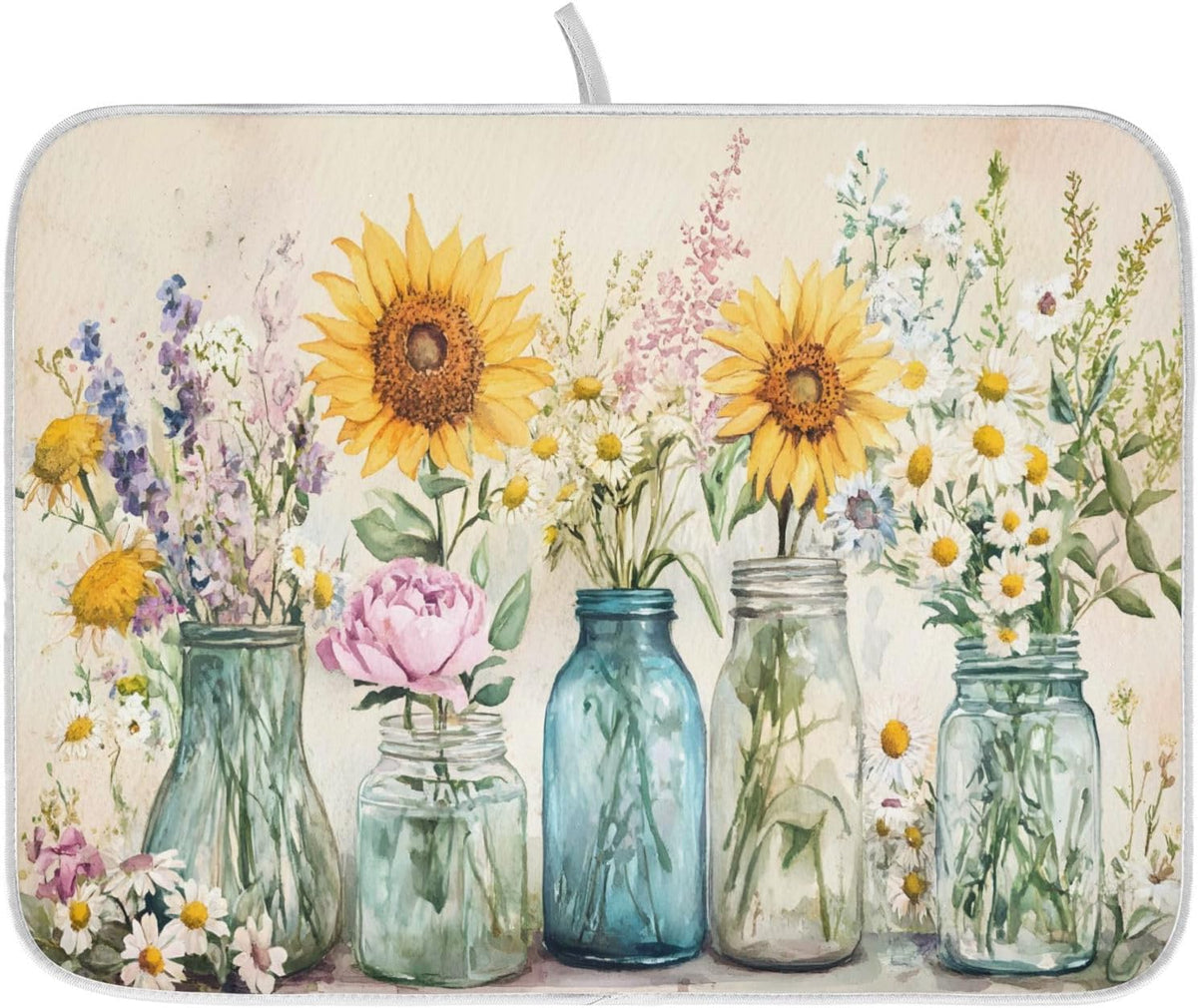 Spring Summer Floral Jars Flowers Dish Drying Mat for Kitchen Counter Absorbent Microfiber Small Drying Pad Dish mats for Kitchen Countertops 16 x 18 Inch
