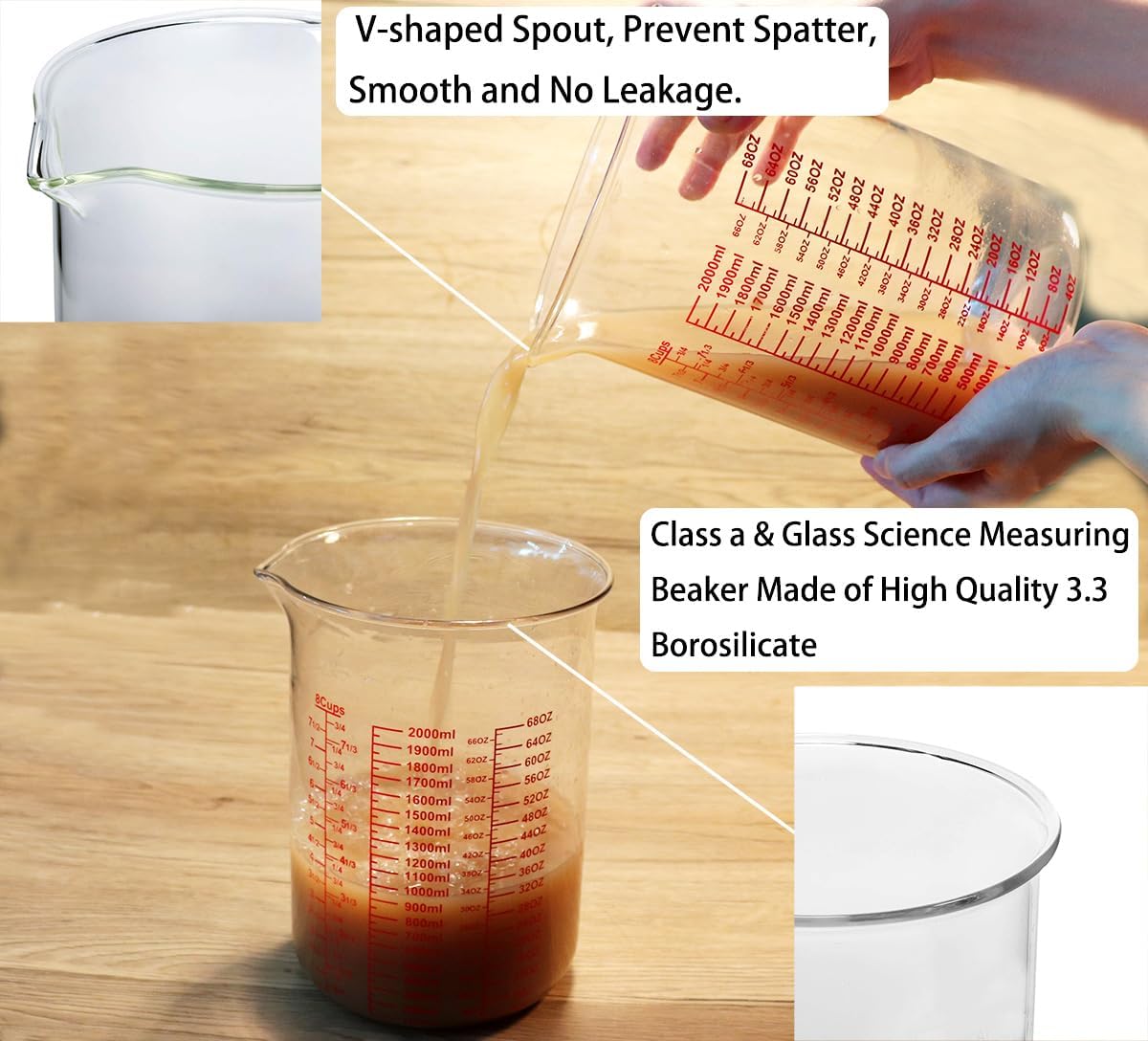 3 Piece Glass Measuring Cup Set, Includes 2-Cup, 4-Cup, and 8-Cup High Borosilicate Glasss Liquid Measuring Cups, Dishwasher, Freezer, Microwave, and Preheated Oven Safe, Essential Kitchen Tools