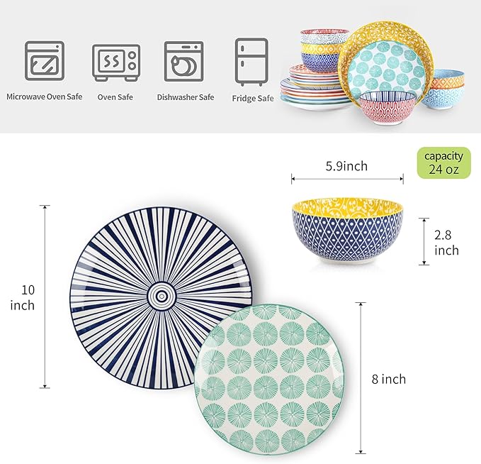 Selamica Ceramic Dinnerware Sets for 6, 18 Pieces Plates and Bowls Set, Scratch Resistant Dishes Set, Dishwasher&Microwave Safe, Assorted Colors