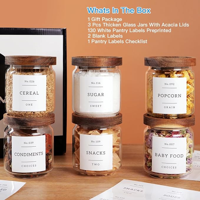 6 Set Glass Pantry Storage Jars with Acacia Airtight Lid - 15oz Thicken Glass Kitchen Canisters with 132 Pantry Labels - Clear Glass Food Storage Containers with Wood Lid for Tea,Sugar,Spice,herbs