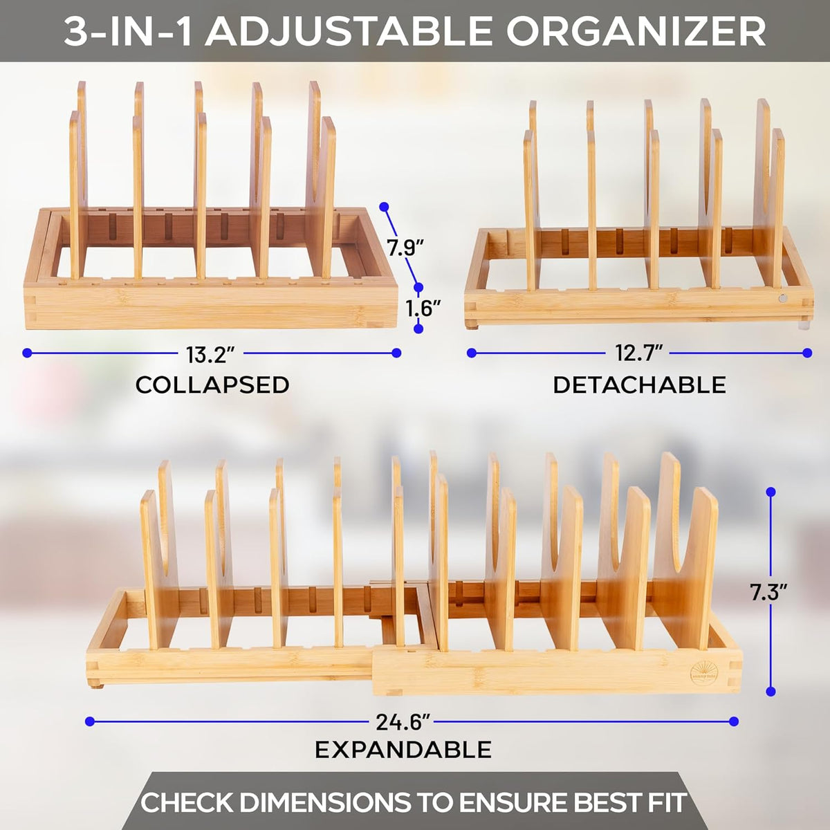 Pot and Pan Organizer for Under Cabinet – Bamboo Pot Lid Organizer for Cabinet with Magnetic Lock, Expandable 2-in-1, Adjustable Dividers, Non-Slip Base for Cutting Boards, Cookie Sheets, Bakeware