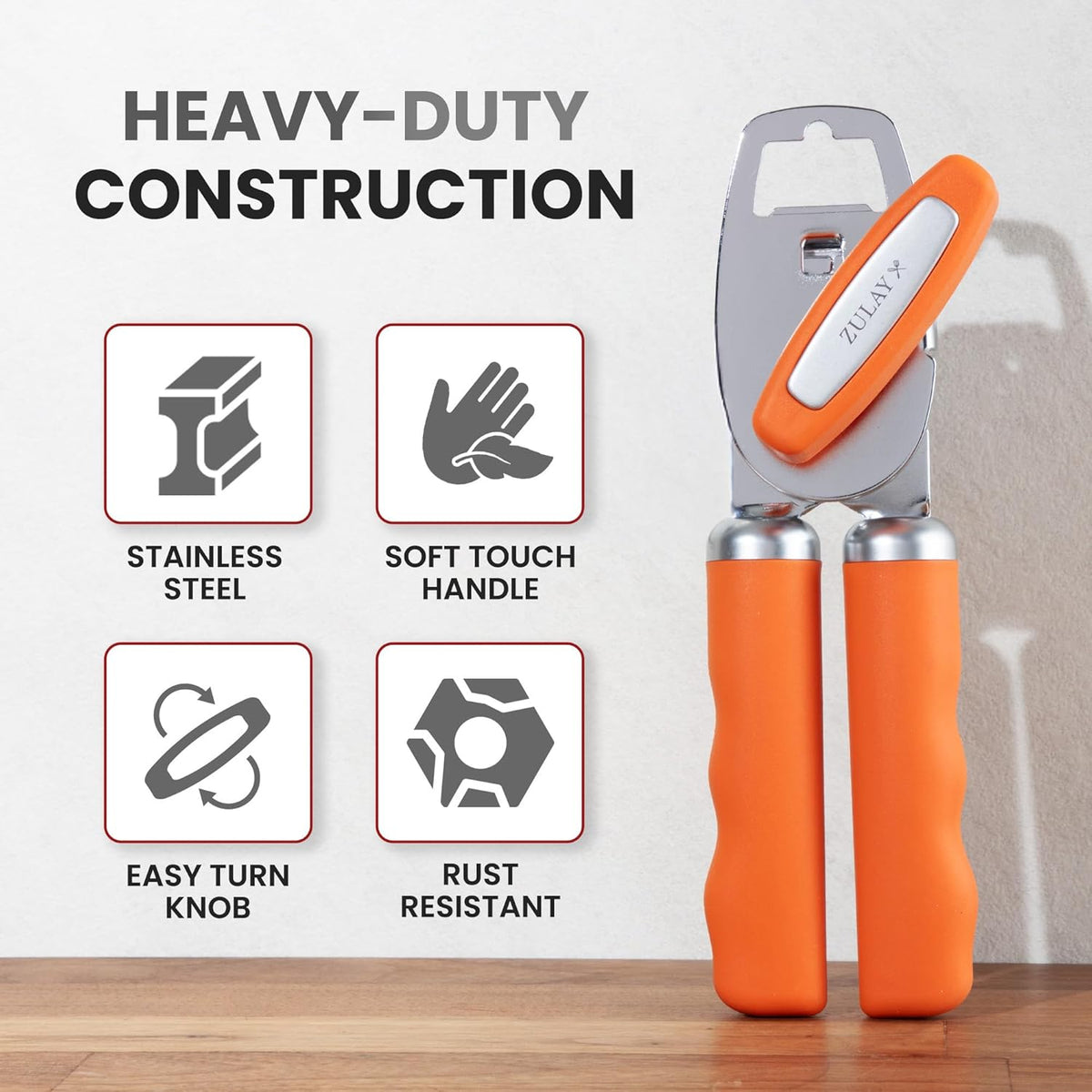 Zulay Kitchen Heavy Duty Stainless Steel Can Opener Manual with Bottle Opener - Rust Proof Manual Can Opener With Turn Knob & Comfy Soft Grip Handles - Orange