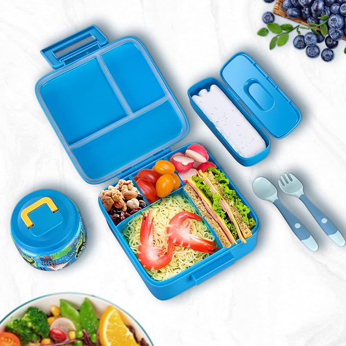 Bento Lunch Box for Kids With 8oz Soup thermo,Leak-proof Lunch Containers with 5 Compartment,thermo Food Jar and Lunch Bag, Food Containers for School (A-Blue(Dinosaur))