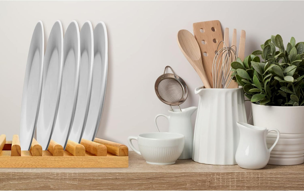 Solid Wood Kitchen Dish Drying Rack 10 Slots Plate Organizer for Cabinet New Apartment Essentials Plate Holder for Kitchen Display Countertop (Pack of 2)