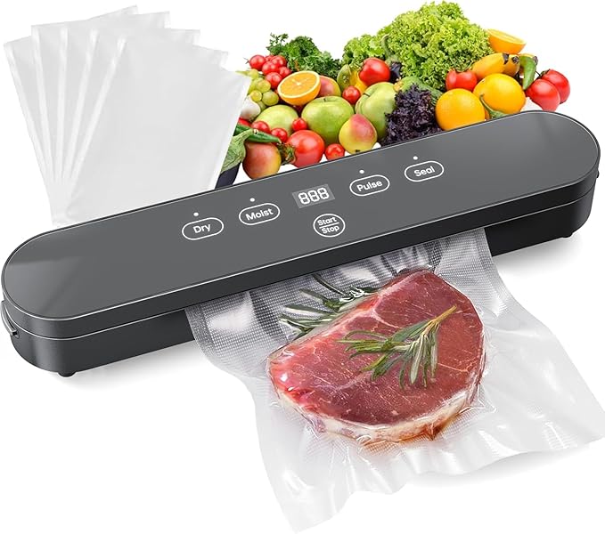 Food Vacuum Sealer Machine, 75kPa Compact Vacuum Sealer for Food, 4-in-1 Food Sealer with Digital Timer, Moist/Dry, Pulse, Seal Modes, Includes 20 Vacuum Bags, Perfect for Freezer Storage
