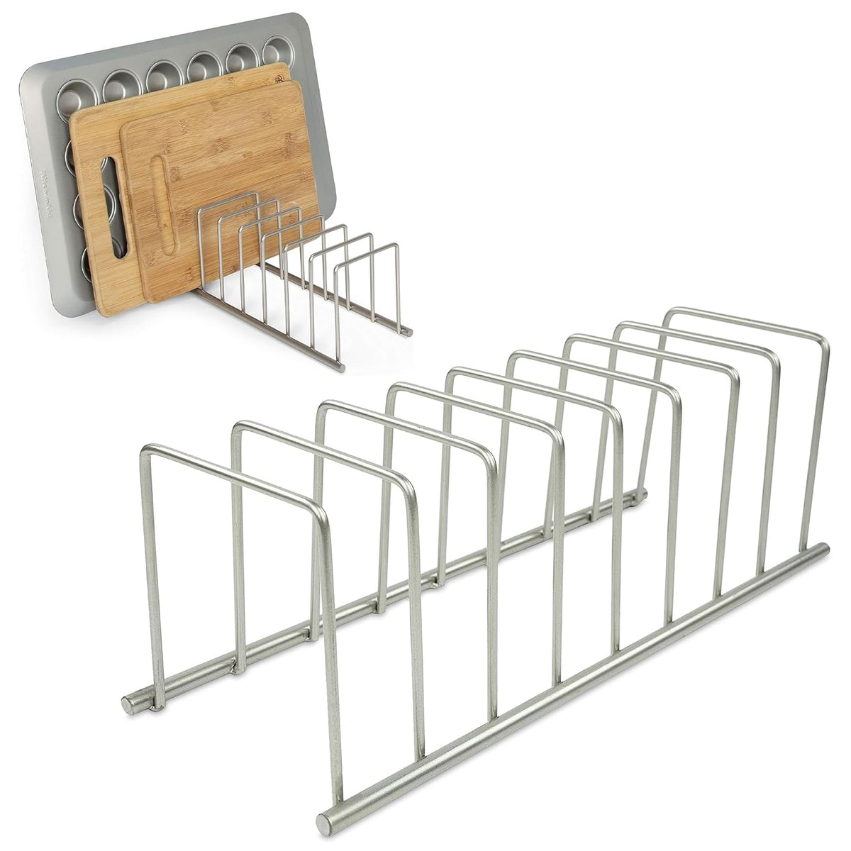 Spectrum Euro Cutting Board Holder Stand for Countertop or Inside Kitchen Cabinet Organization Satin Nickel, 8 Slot Cutting Board Drying Rack or Cabinet Plate Bakeware Storage Organizer