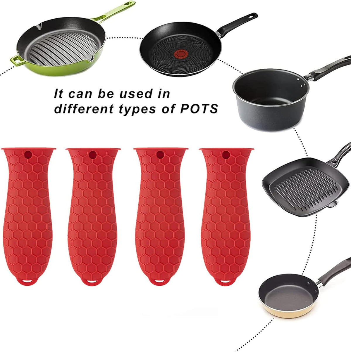 4 Pcs Silicone Hot Handle Holder, Non-Slip Potholder for Cast Iron Skillets, Rubber Pot Handle Sleeve Heat Resistant for Frying Pans & Griddles Sleeve Grip Handle Cover,Metal cookware Handles, Red