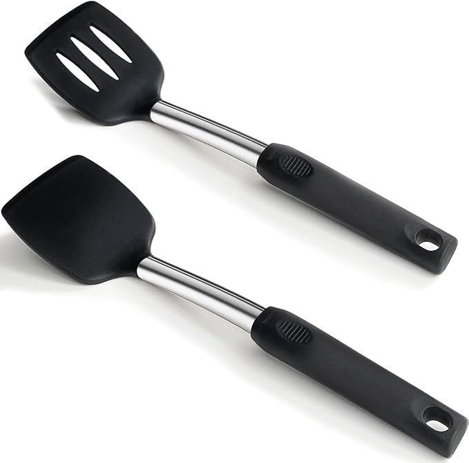 2 Pack Solid & Slotted Silicone Spatula Set, 600F Heat-Resistant No-Melt Handle and Blade, Kitchen Cooking Utensils for Nonstick Cookware, Spatula Turner for Egg,Pancake,Burger- Dishwasher Safe