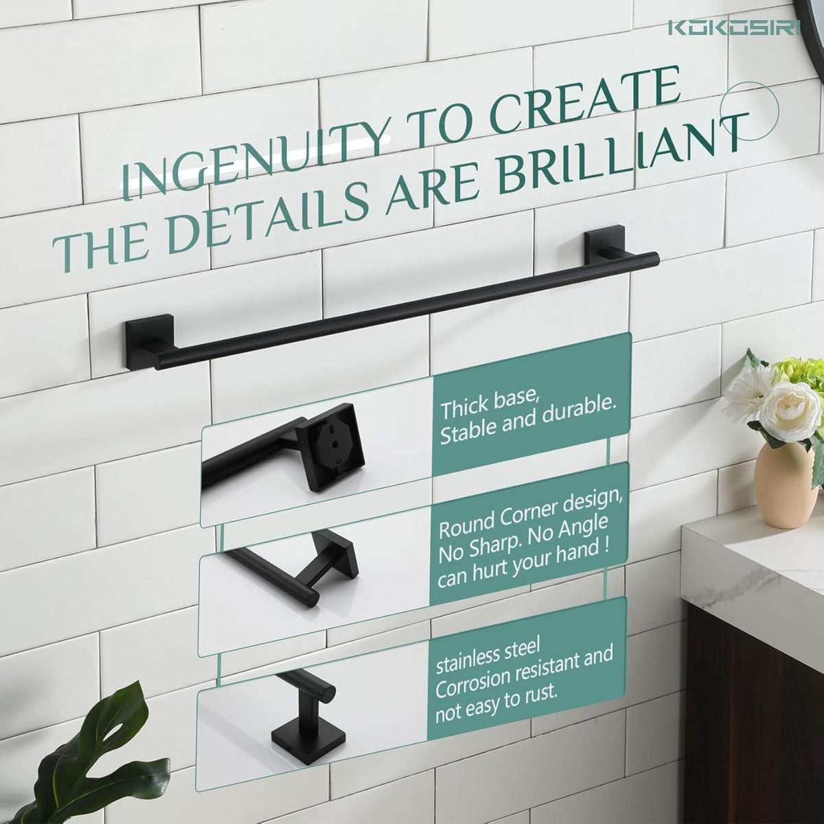 KOKOSIRI Towel Rails Bathroom Towel Bars Matte Black 24 Inch Bath Towel Holder for Cabinet Kitchen Wall Stainless Steel B4005BK-L24