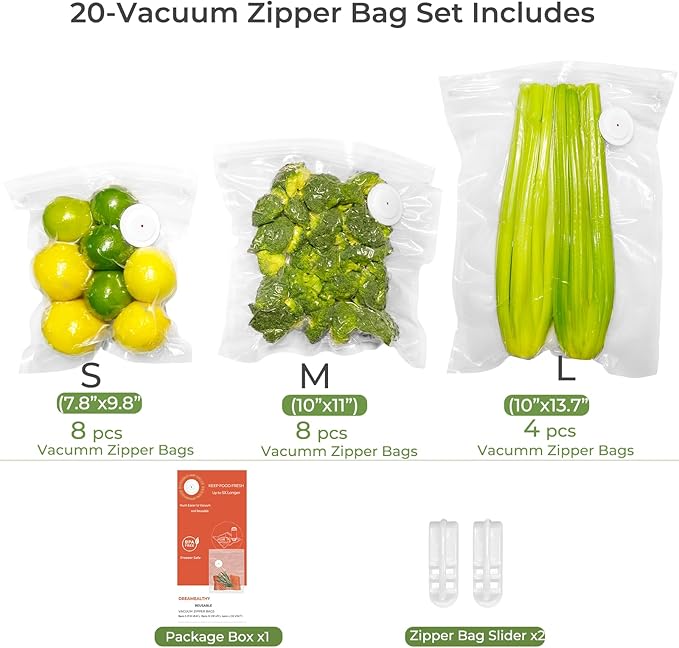 20 Reusable Vacuum Seal Bags for Food, Compatible with Most Handheld Vacuum Sealer, BPA-Free, Sous Vide Bags, Upgraded Sturdy Air Valve (8 Small, 8 Medium, 4 Large), Vacuum Sealer not Included