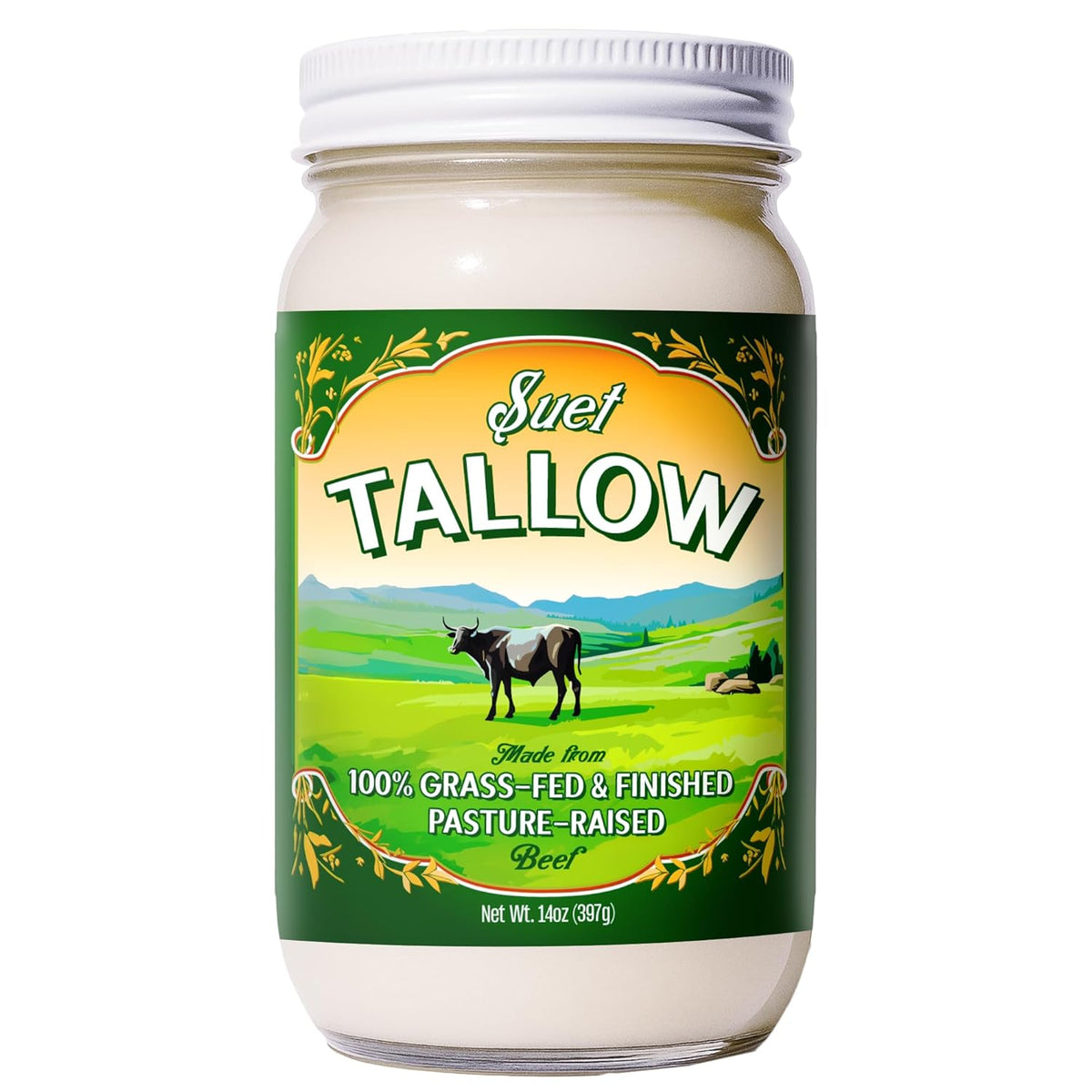 Pasture Raised Beef Tallow, Grass-Fed & Grass-Finished, Made from Beef Suet for more nutrients, Glass Jar