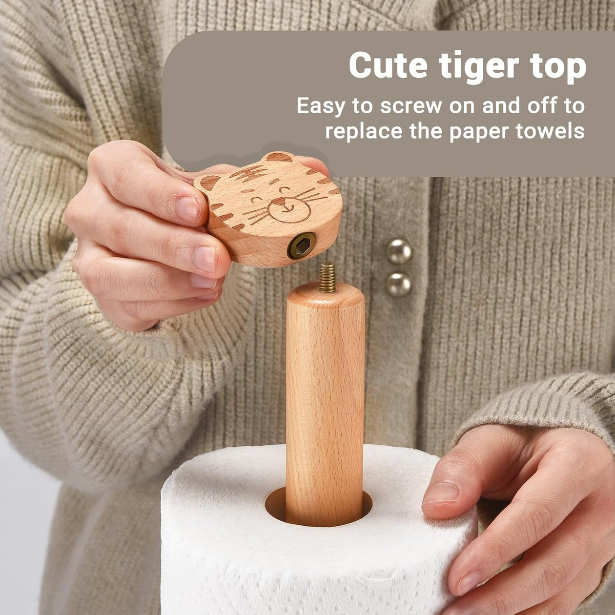 Paper Towel Holder, Cute Tiger Wooden Kitchen Roll Stand Organizer Countertop Free Standing, Housewarming Gift New Home