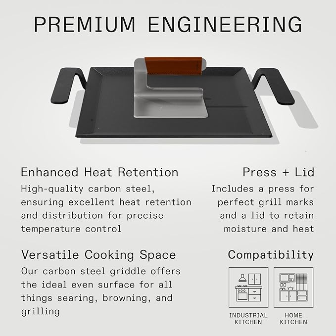 Made In Cookware - Carbon Steel Half Griddle + Grill Press - (Like Cast Iron, but Better) - Professional Cookware - Crafted in Sweden - Induction Compatible
