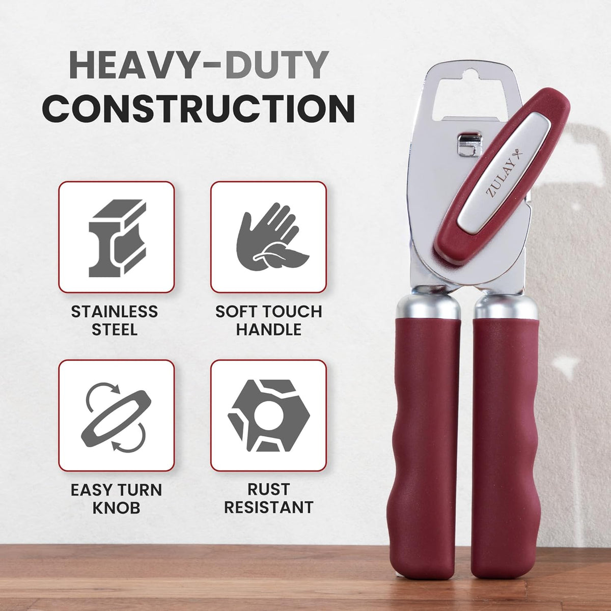 Zulay Kitchen Heavy Duty Stainless Steel Can Opener Manual with Bottle Opener - Rust Proof Manual Can Opener With Turn Knob & Comfy Soft Grip Handles - Deep Red