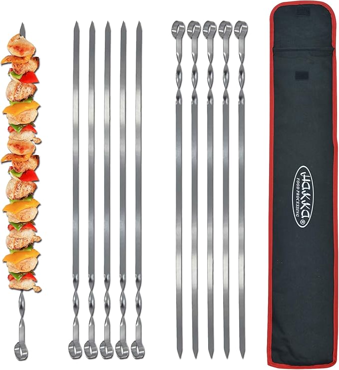 Hakka Stainless Steel Barbecue Skewers, 23" Heavy Duty Metal Skewers Large Wide Grilling Reusable Kabob Sticks with NonSlip Ring Handle,Set of 10