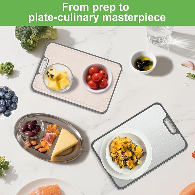 2IN1 Titanium Cutting Boards for Kitchen,Metal Cutting Boards With Pure Titanium and Wheat Straw PP,Double Sided Chopping Board with Juice Groove Dishwasher Safe Easy to Clean Non Toxic 15"X10"