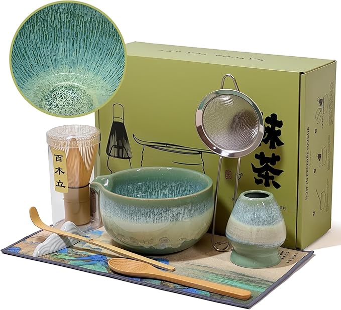 Matcha Whisk Set with Ceramic Bowl - Bamboo Whisk (Chasen), Scoop, Sifter & Holder - Complete Kit for Traditional Matcha Tea - Unique Gifts for Women, Men, Tea Lovers (Green)