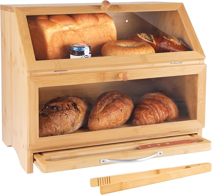 MAISONPEX Double Layer Bamboo Bread Box for Kitchen Countertop, Cutting Board, and Stainless Steel Bread Knife, Large Capacity Storage Container with Clear Windows (Self-Assembly)