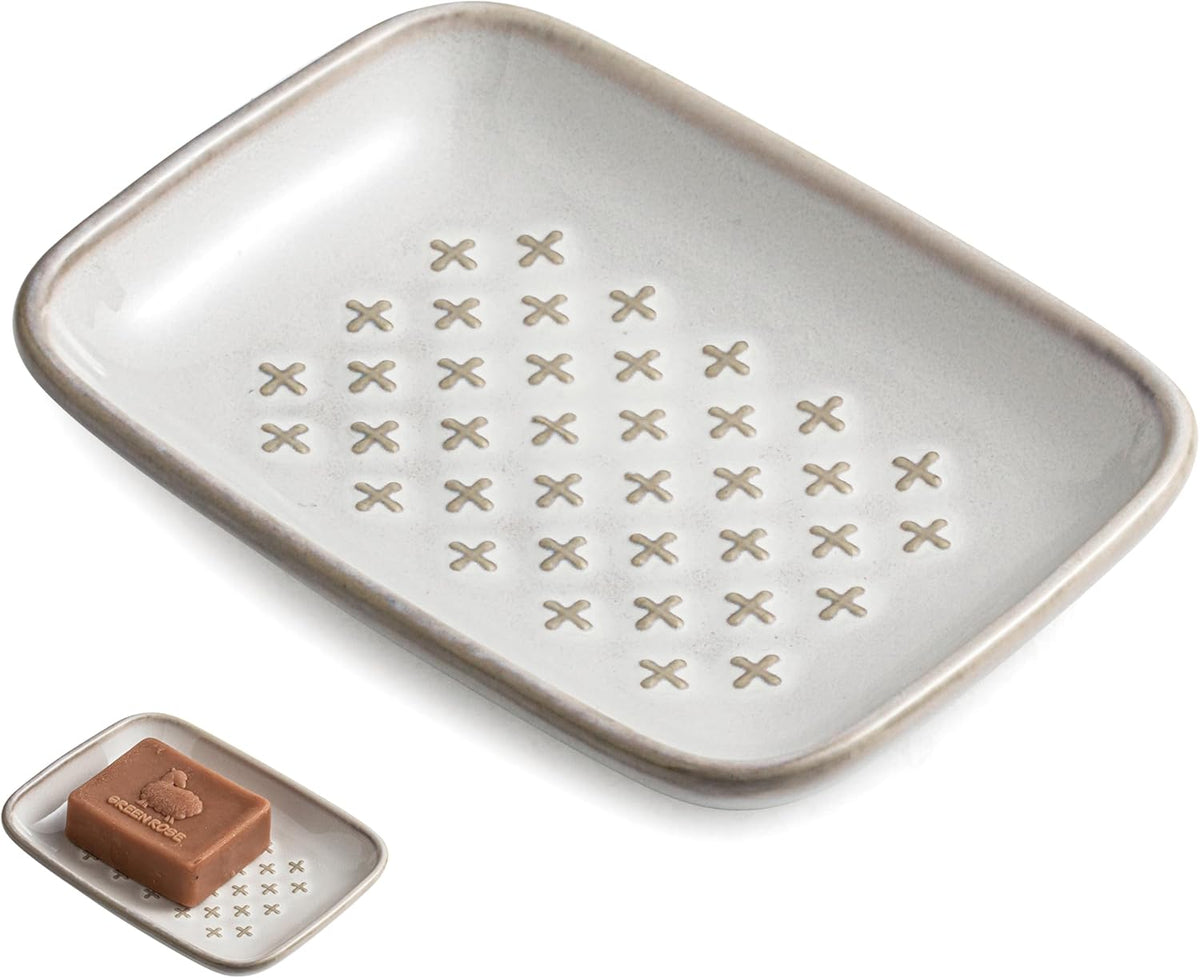 Gomakren Soap Dish, Shower Soap Holder, Ceramic Soap Dishes for Bar Soap Sponge Shampoo, Soap Saver Tray for Bathroom Kitchen Sink Counter, 5.5 Inch, Beige
