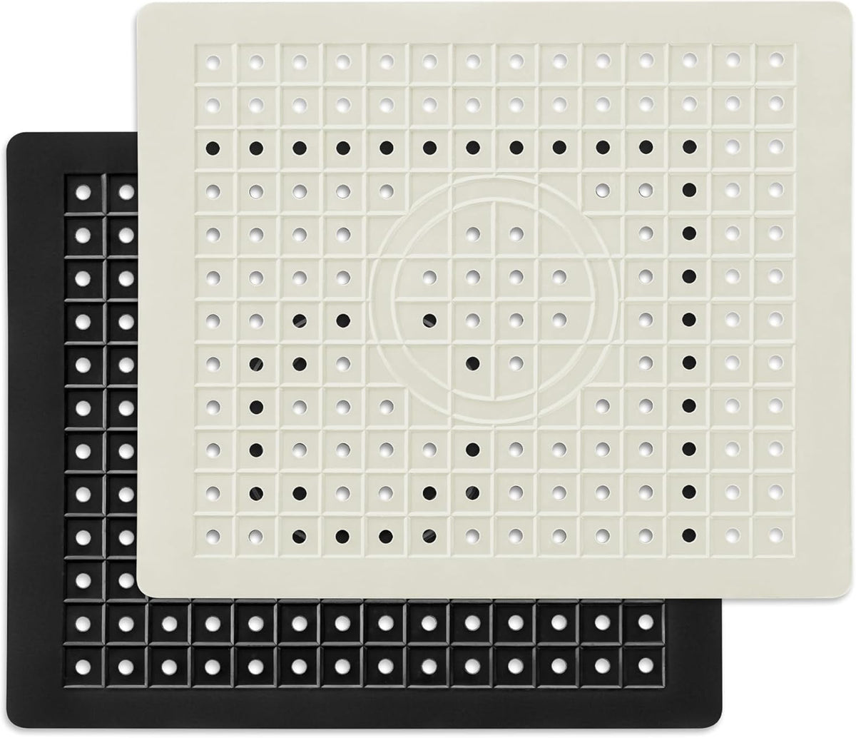 WILLKOMMEN 2 Pack Kitchen Sink Mat, 12'' x 10"" Dish Drying Mat for kitchen Counter, Durable Rubber Dish Draining Mat, Grid Sink Mat,Square Black & Cream White