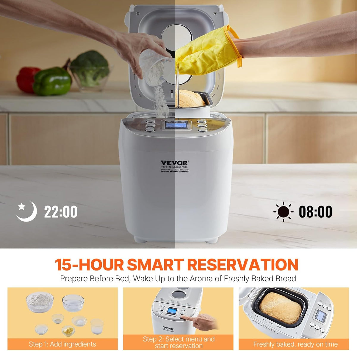 VEVOR Bread Maker, Dough Machine 15 Menus in 1, Non-Stick Ceramic Pan Automatic Breadmaker with Non-Gluten Setting, Whole Wheat Bread Making, Digital, Programmable, 3 Loaf Sizes, 3 Crust Colors, White