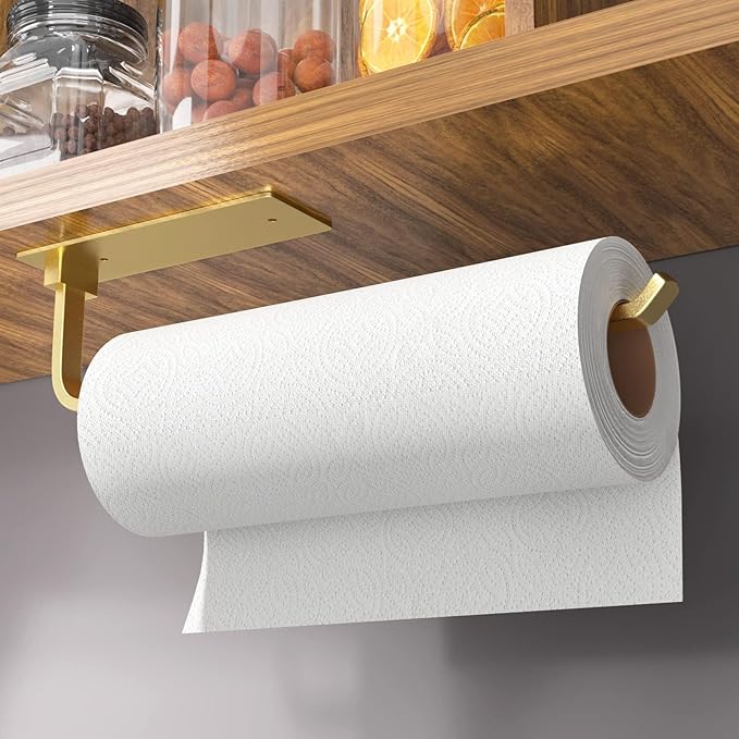 Paper Towel Holder - Self-Adhesive or Drilling, Gold, Upgraded Aluminum Kitchen Roll Dispenser Under Cabinet, Lighter but Stronger Than Stainless Steel!