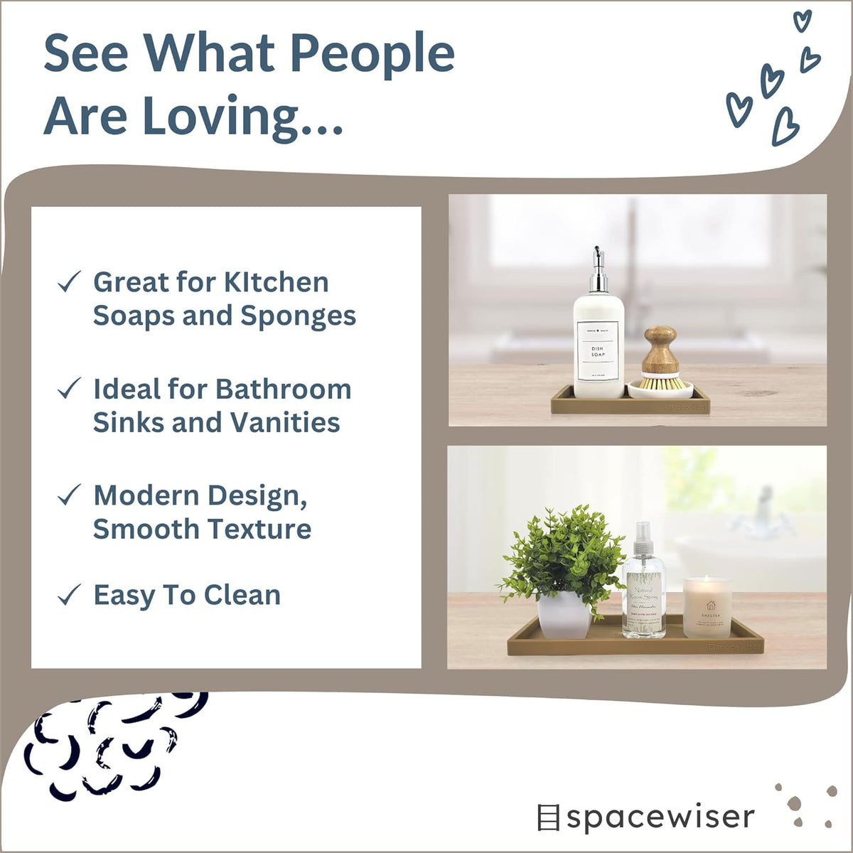 Countertop and Vanity Tray - 2 PC (11” and 7”) Shatterproof Silicone Kitchen and Bathroom Trays for Counter, Kitchen Soap Dispenser Tray, Vanity Trays for Bathroom, Perfume Key Tray