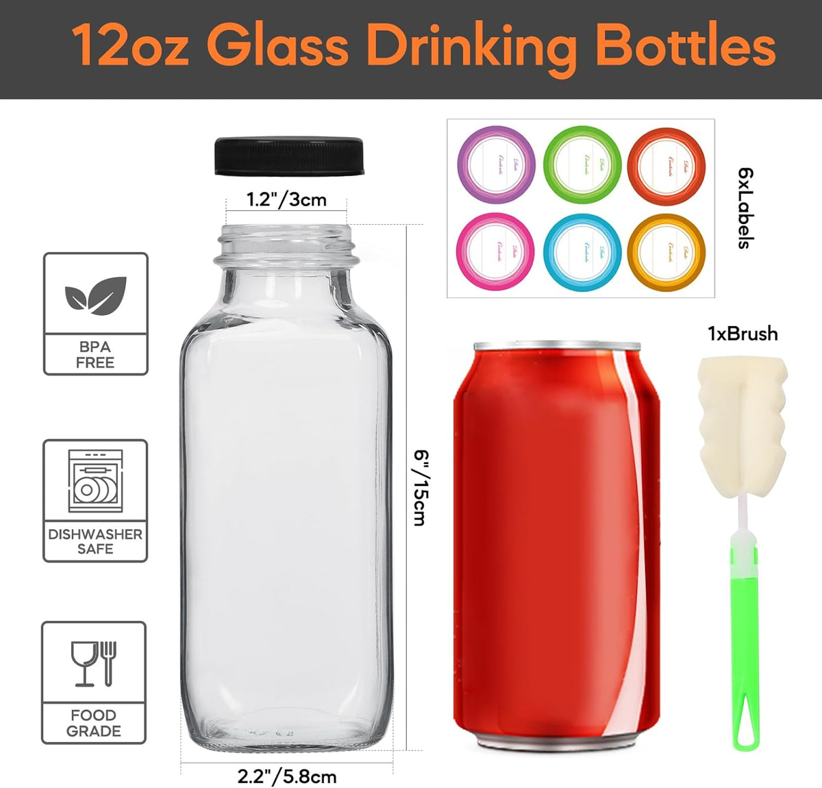 STARSIDE 12 oz 3 Pack Glass Juice Bottles with Lids - Square Reusable Drinking Jars for Juicing, Milk, Kombucha - Includes 1 Bottle Brush, 6 Colored Labels