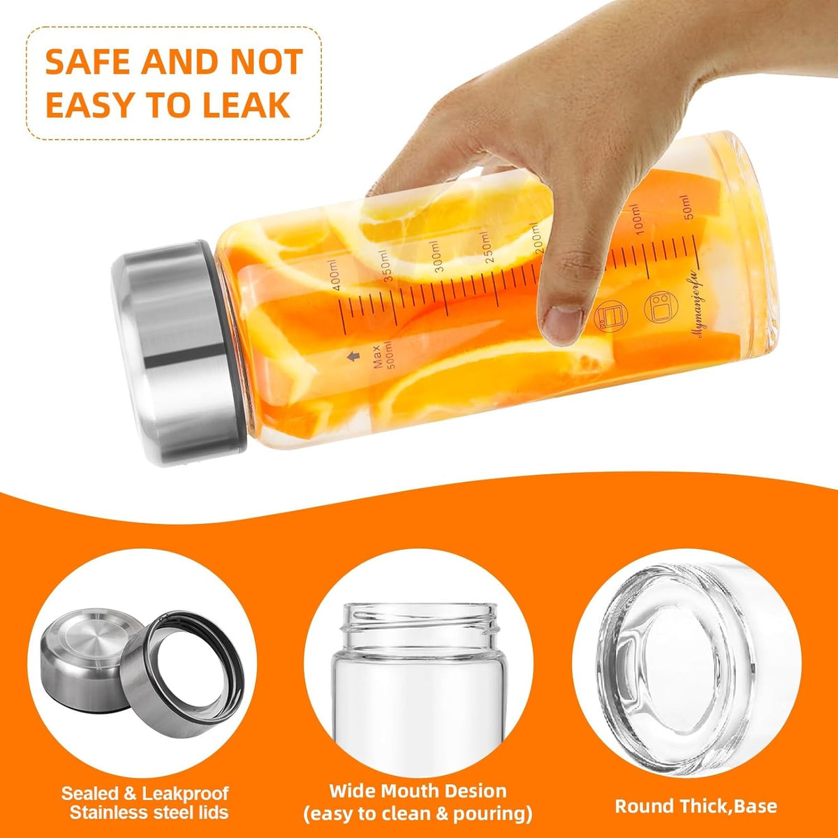 Glass Juice Bottles 4 Pack 16 oz - Wide Mouth Glass Water Bottles with Lids - for Juicing, Smoothies, Milk, Protein, BPA Free, Reusable, Stainless Steel Lids, Leak Proof, Shaker bottle (16oz/500ml)