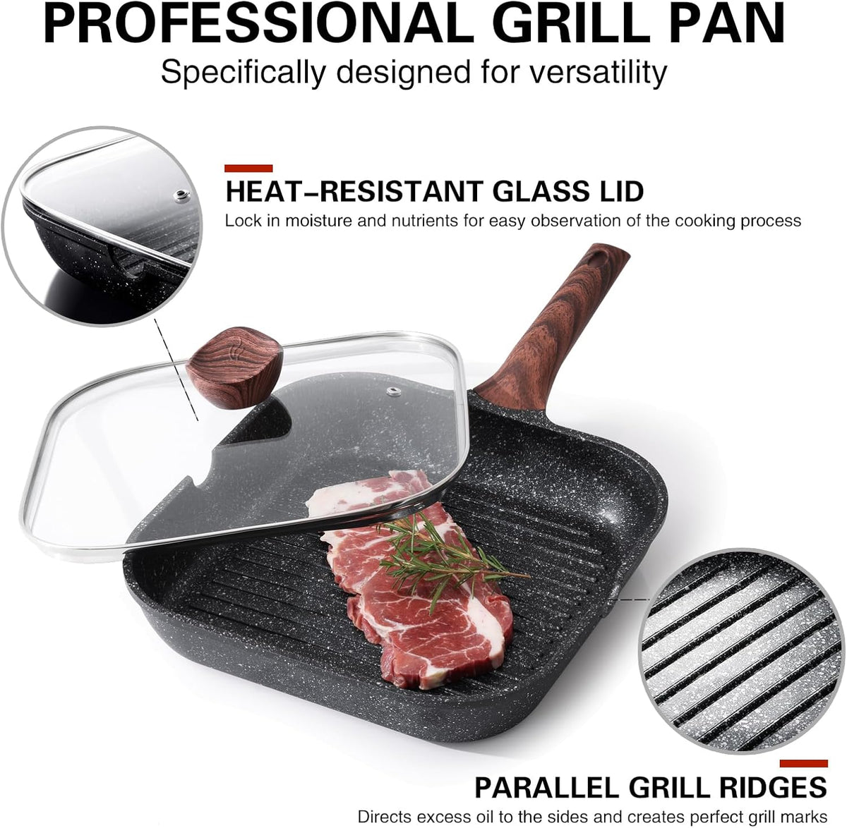 Nonstick Grilling Pan with Lid for Stove Tops, 11 Inch Square Grill Pan for Indoor Cooking, Granite Coating Grill Skillet with Pour Spouts, Versatile Griddle, Induction Steak Pan, PFOA Free