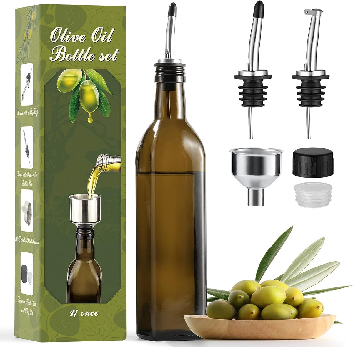 AOZITA 17oz Glass Olive Oil Dispenser - Oil and Vinegar Cruet Bottle with Stainless Steel Pourers - Funnel For Easy Refill - Olive Oil Carafe Decanter for Kitchen