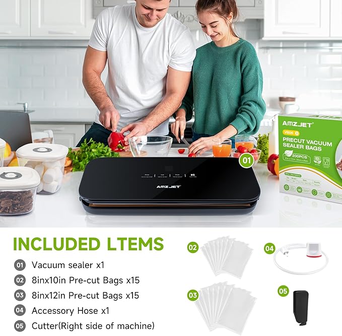 Vacuum Sealer for Food - Tempered Glass Panel, LED Touch Control, Digital Display, Pulse/Moist/Dry/Seal/External Suction Modes, Includes 30 Vacuum Bags & Built-in Cutter(Black)