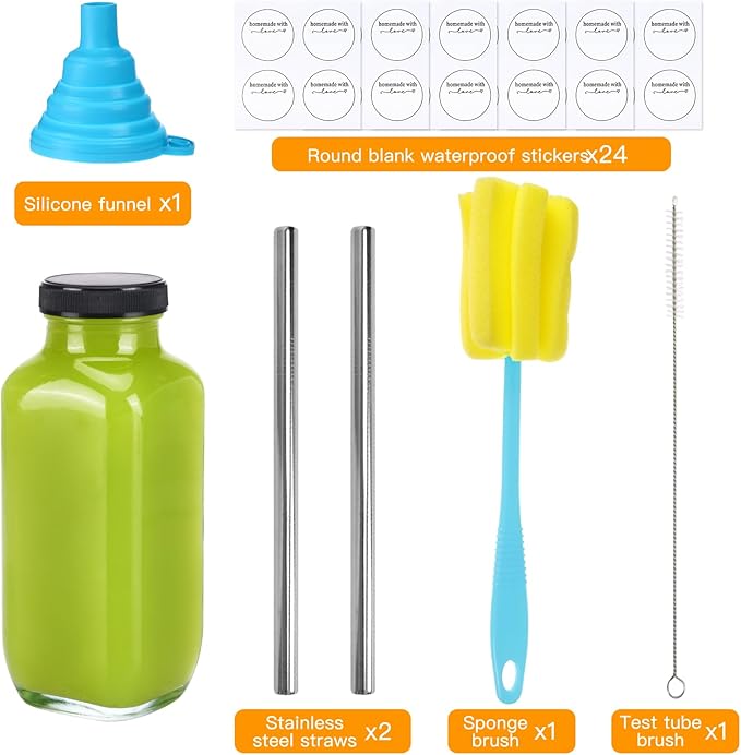 CUCUMI 24pcs 16oz Glass Juice Bottles with Lids, Reusable Vintage Glass Drinking Bottles with Blank Labels, Brush, Straws, Funnel for Storing Tea, Kombucha, Milk