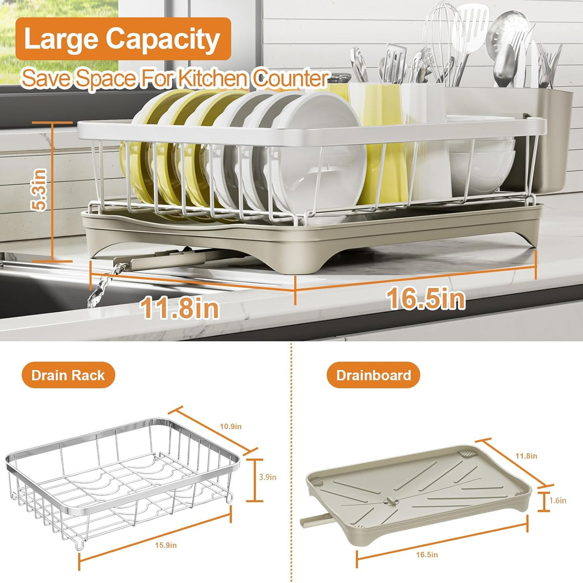 Stainless Steel Dish Drying Rack – 304 Grade Dish Racks for Kitchen Counter with Utensil Holder & Adjustable Spout, Space-Saving Organizer, 16.5" x 11.8" x 5.3" Grey