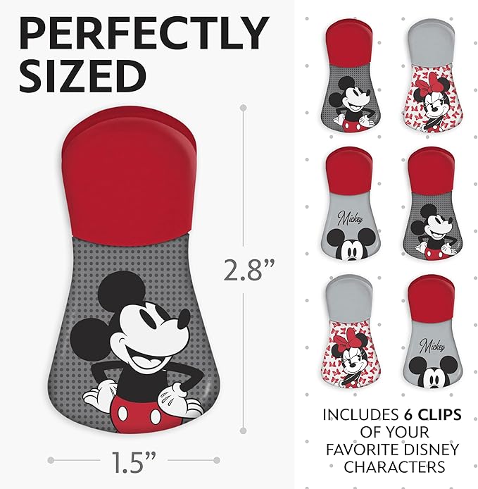 Disney Magnetic Chip Clips – Set of 6 Bag Clips for Food Storage - Mickey, Minnie, Lilo & Stitch, Winnie The Pooh – Durable Airtight Bag Chip Clips for Pantry & Fridge Use