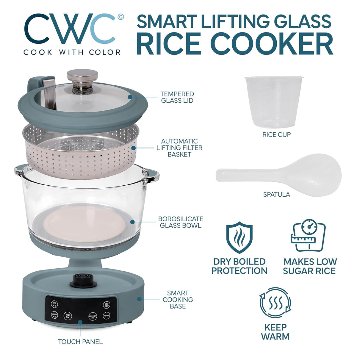 COOK WITH COLOR 3L Glass Low Carb Rice Cooker - Makes 6 Cups Cooked Low Sugar Rice with Auto Lift Filter Basket, Hotpot & Steamer for Rice, Grains and Oats, Digital Panel with Keep Warm, Slate Blue