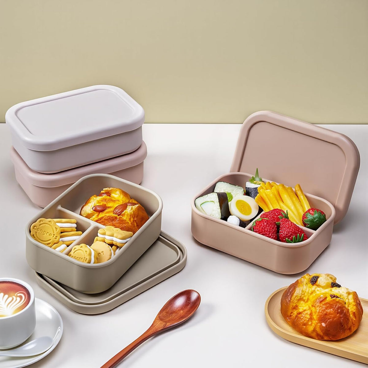 Honeydak 4 Pcs Silicone Bento Lunch Box 3 Compartment Reusable Leakproof Silicone Bento Lunch Container for Adults Microwave Dishwasher Freezer Safe(Bohemian Color)