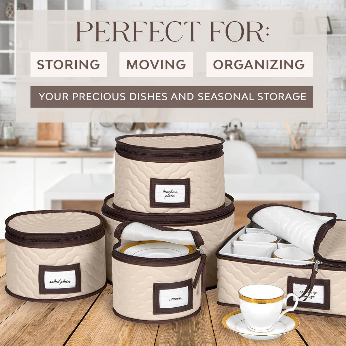 China Storage Containers 5-Piece Set Moving Boxes for Dinnerware, Glasses, Plates, Mugs and Saucers Sturdy Quilted Microfiber Dish Organizer with Dividers for Seasonal Storage - Holds Set of 12