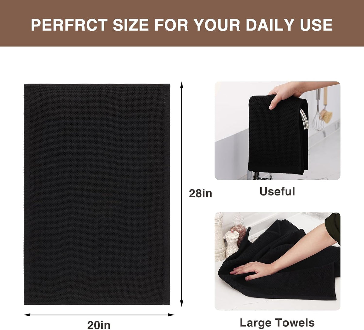 Homaxy 100% Cotton Oversized Waffle Weave Kitchen Dish Towels, Ultra Soft Absorbent Quick Drying Cleaning Towel, 20 x 28 Inches, 6-Pack, Black