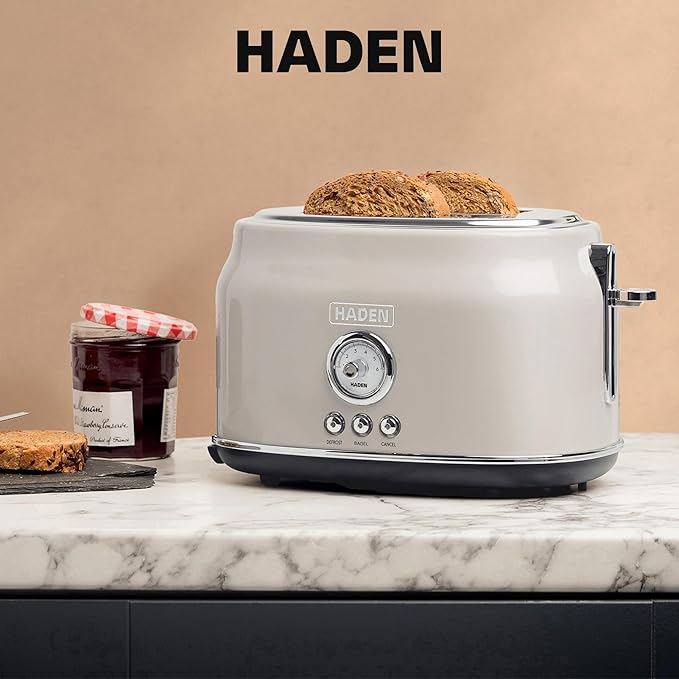 Haden Dorset 2 Slice Wide Slot Stainless Steel Toaster with Adjustable Browning Control & Non-Slip Feet, Putty & Chrome
