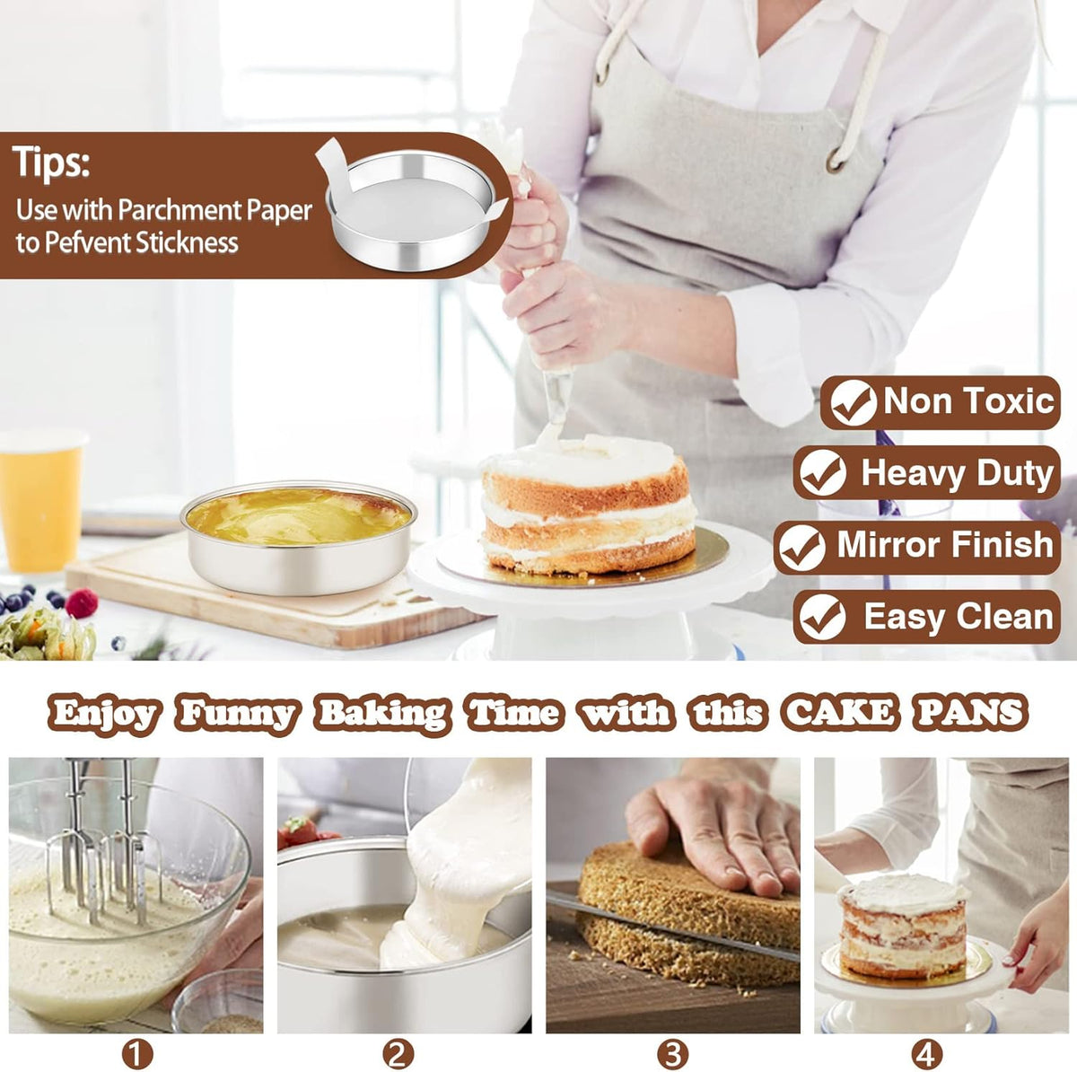 P&P CHEF 6 Inch Round Cake Pan Set of 3, Stainless Steel Round Baking Layer Pans Bakeware for Layer Birthday Cake, Fit Oven/Pots/Pressure Cooker, Leakproof & Dishwasher Safe, Silver