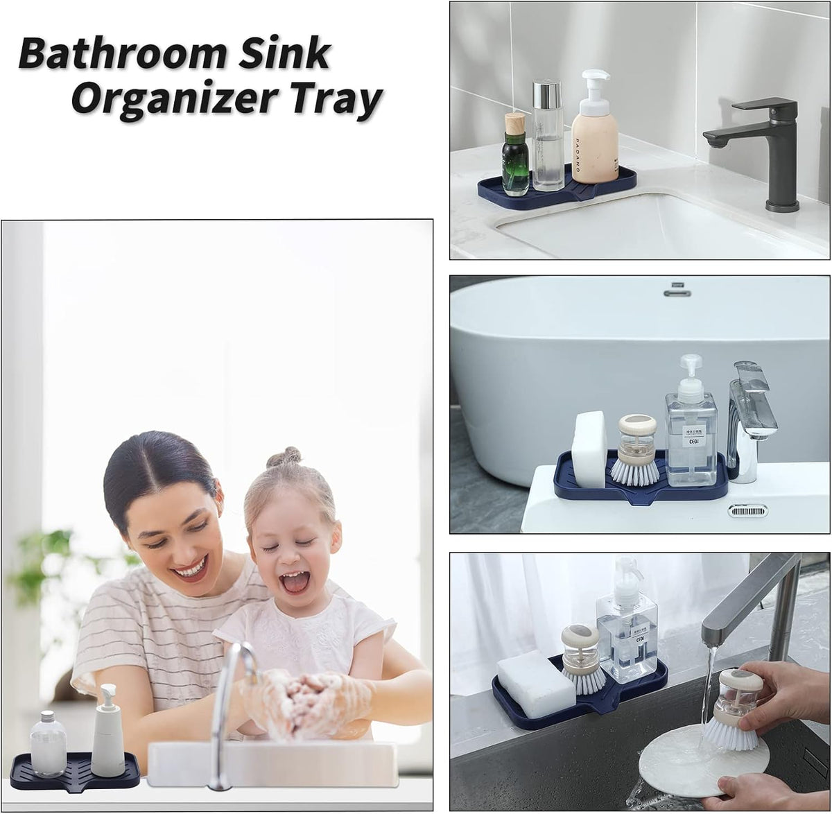 Silicone Bathroom Soap Dishes with Drain Spout-Kitchen Sink Organizer,Sponge Holder,Dish Soap Tray,Perfect for Dispenser,Scrubber,Bottle,Cup on Sink or Counter-Navy Blue 9.6"×5.3"