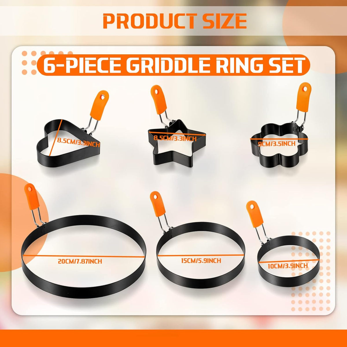 Patelai 6 Pcs Egg Ring Pancake Ring Set Stainless Steel Fried Egg Molds Griddle Pancake Shapers with Silicone Handle for Breakfast Omelette Sandwich(Assorted Style,4 Inch, 6 Inch, 8 Inch)