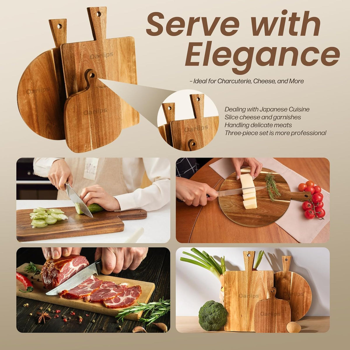 Acacia Wood Cutting Board Set of 3 with Handles – Round, Rectangular & Paddle Charcuterie Boards for Cheese, Meat, Pizza, Bread & Fruits