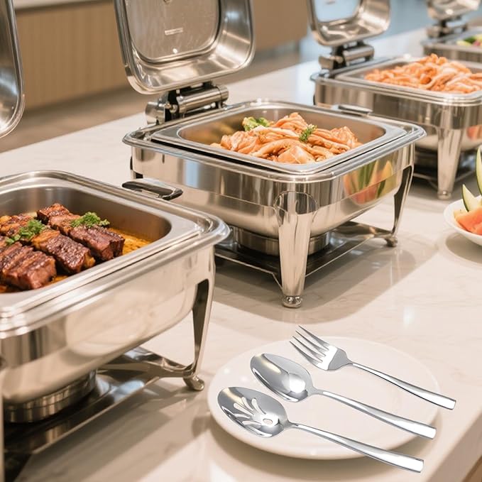 6 Piece Serving Utensils Set, Includes Serving Spoons x 2, Slotted Spoons x 2, Serving Forks x 2, Large Cutlery for Catering Buffet, Mirror Polished, Dishwasher Safe, 9 Inches